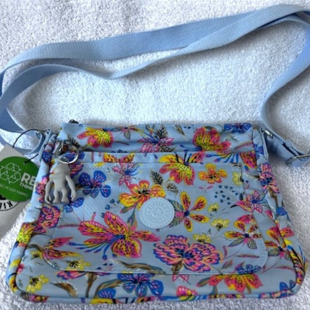 kipling Sebastian Live Light "Wild Flowers" softshell blue floral crossbody NWT